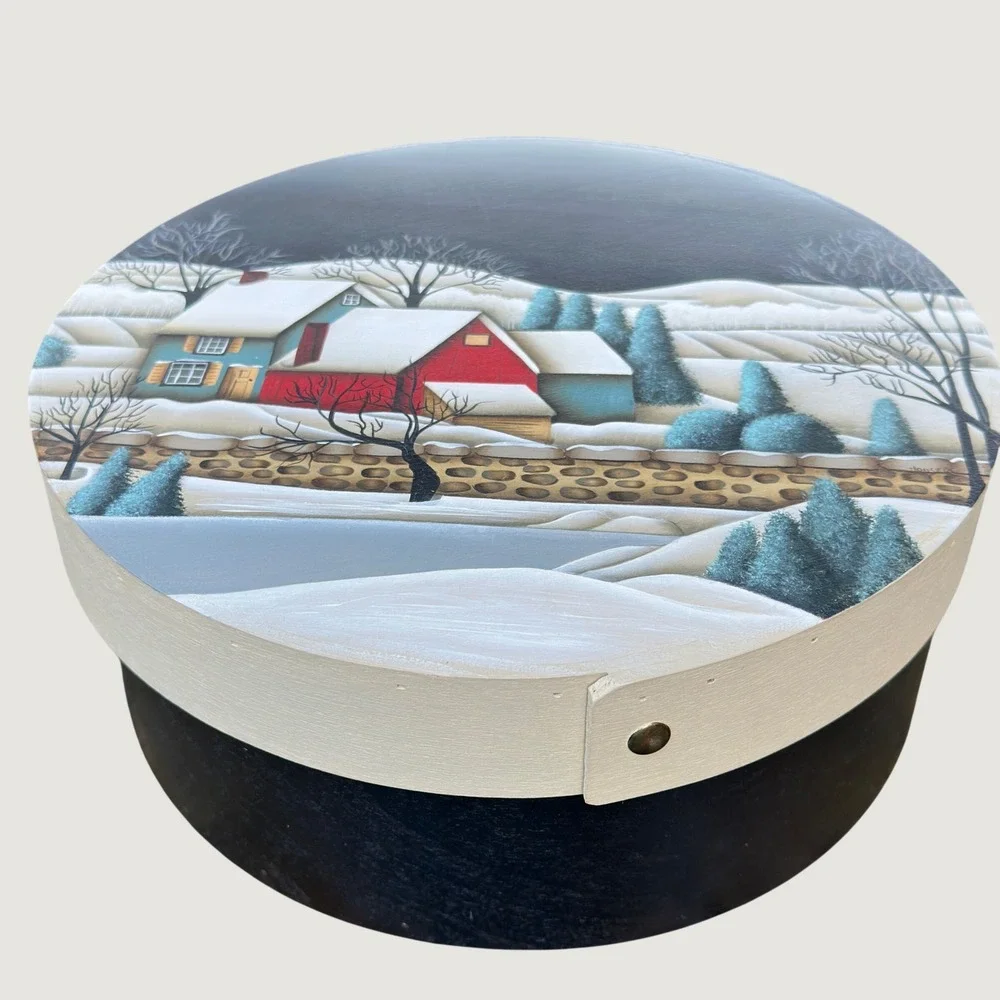 Hand Painted Bentwood Box Winter Folk Art Shaker Round Black 11